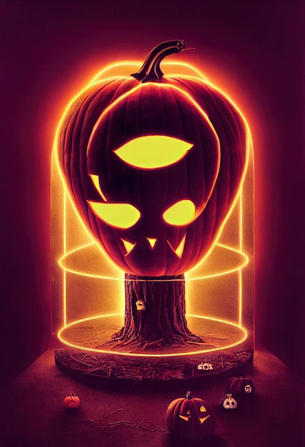 Halloweenowa noc tło z dynią i świecącymi neonowymi elementami Cyfrowy obraz w stylu Halloween