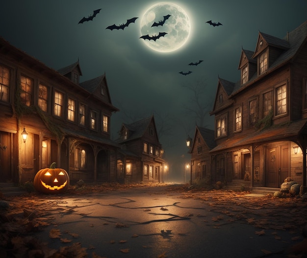 Halloweenowa noc w wiosce z dynią i nietoperzami
