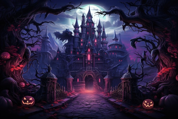 Halloweenowa nocna kompozycja księżycowa ze świecącymi dyniami, zabytkowym zamkiem i przelatującymi nietoperzami