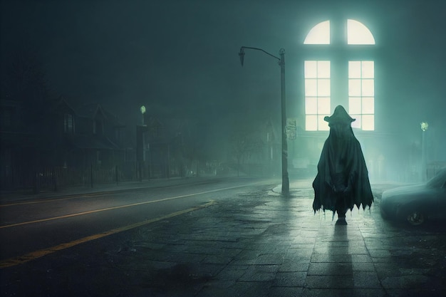 Halloweenowa nocna scena uliczna z przerażającym duchem wygenerowanym przez Ai