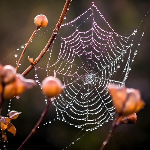 Halloweenowa pajęczyna pokryta kroplami rosy ze skomplikowanymi wzorami jedwabiu i mglistym tłem