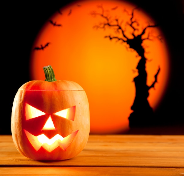 Halloweenowa pomarańczowa bania na jesień liściach