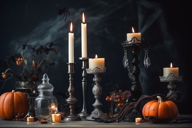 Zdjęcie halloweenowa przerażająca dekoracja z dyni i świec