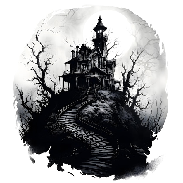 Zdjęcie halloweenowa przerażająca ilustracja nawiedzony dwór na wzgórzu