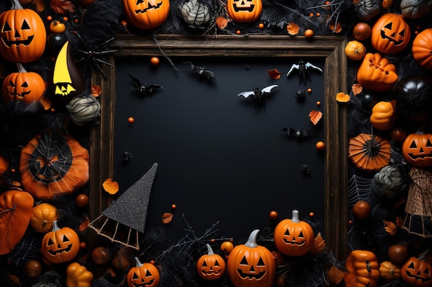 Halloweenowa ramka leżała płasko Nowoczesne dynie latarnia pająki nietoperze rama na tle z miejscem na tekst Kartkę z życzeniami sezonu Wesołego Halloween