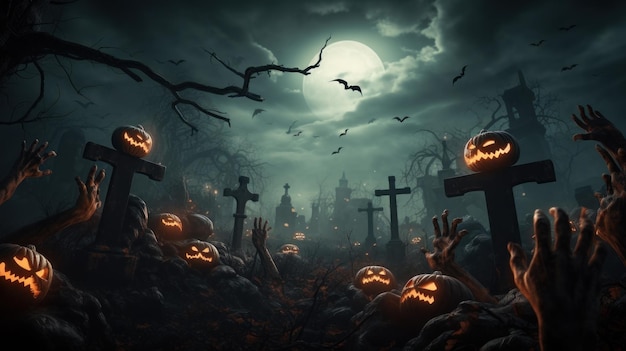 Halloweenowa ręka Zombie wyłaniająca się z cmentarza cmentarnego z dyniową pełnią upiornego nocnego mysteri