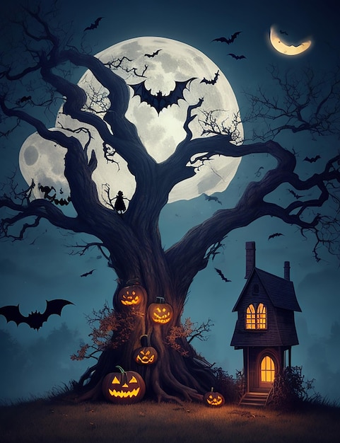 Halloweenowa scena horroru tło z martwymi drzewnymi przerażającymi dyniami nawiedzającymi zły dom nocą