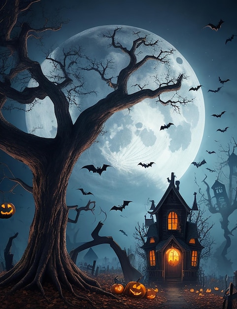 Halloweenowa scena horroru tło z martwymi drzewnymi przerażającymi dyniami nawiedzającymi zły dom nocą