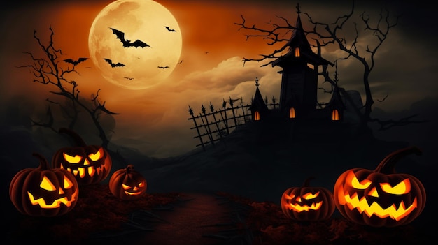 Halloweenowa scena horroru tło z przerażającymi dyniami upiornego halloweenowego nawiedzonego dworu Zły dom w nocy z pełnią księżyca Generacyjna sztuczna inteligencja