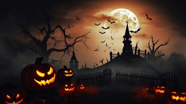 Halloweenowa scena horroru tło z przerażającymi dyniami upiornego halloweenowego nawiedzonego dworu Zły dom w nocy z pełnią księżyca Generacyjna sztuczna inteligencja