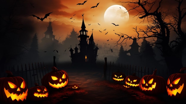 Halloweenowa scena horroru tło z przerażającymi dyniami upiornego halloweenowego nawiedzonego dworu Zły dom w nocy z pełnią księżyca Generacyjna sztuczna inteligencja