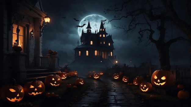 Halloweenowa scena horroru z tapetą z diabelskimi dyniami wygenerowaną przez AI