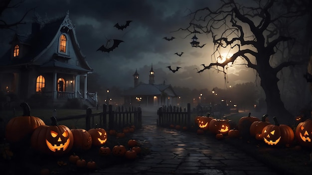 Halloweenowa scena horroru z tapetą z diabelskimi dyniami wygenerowaną przez AI