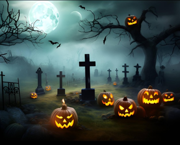 Halloweenowa scena z dyniami i drzewem z pełnią księżyca w tle.