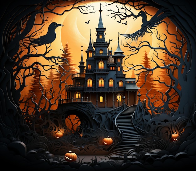 Halloweenowa scena z zamkiem i dyniami w lesie generatywnym ai