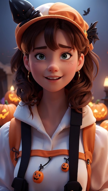 Halloweenowa śliczna dziewczyna animacja 3D