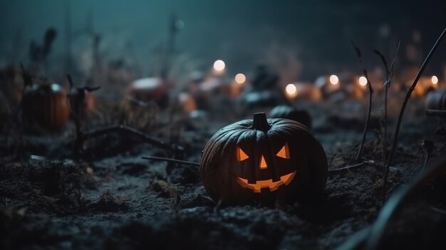 Halloweenowa straszna dynia z ogniem na cmentarzu w tle grobu w nocy Wygenerowana sztuczna inteligencja