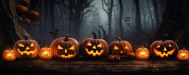 Halloweenowa straszna nocna tapeta z lasem i domem z dyniami i księżycem Generative AI