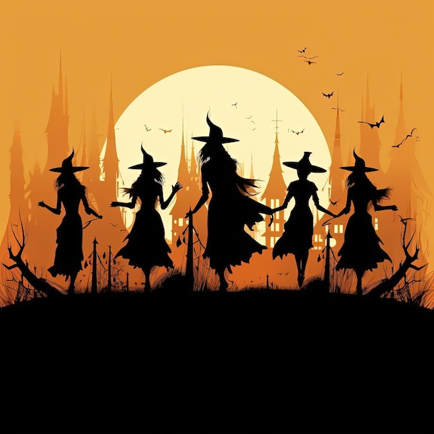 halloweenowa sylwetka grupy czarownic w stylu energicznych postaci