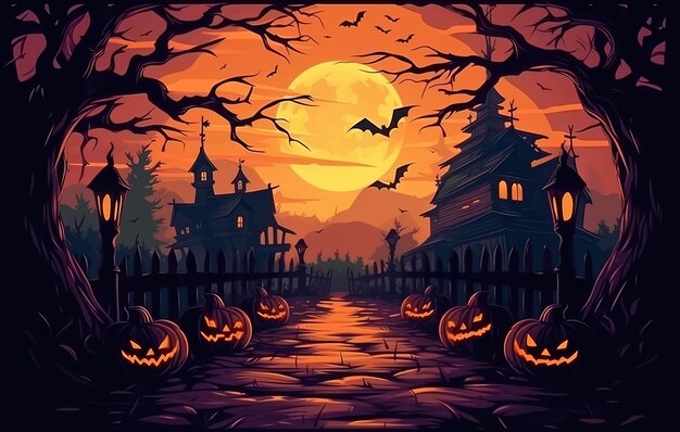 halloweenowa ulica z jasnym księżycem sztuka halloween wesołego halloween straszny