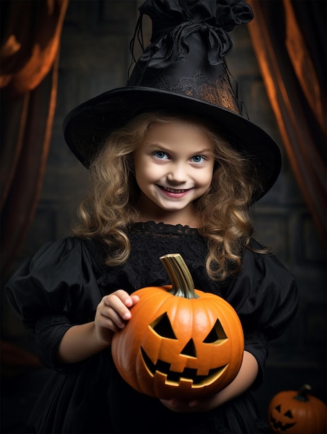 Halloweenowa wiedźma trzymająca dynię i miotłę