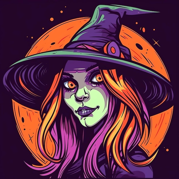 Halloweenowa wiedźma z fioletowymi oczami i fioletowym kapeluszem.