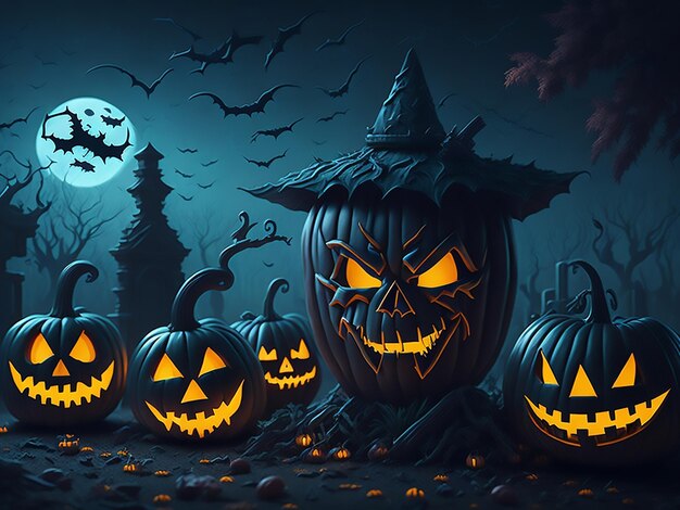 Halloweenowa wioska ze strasznym dyniowym zamkiem fantasy Halloween w tle