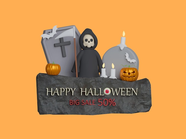 Halloweenowa wyprzedaż 50 sztandar oferty specjalnej na świąteczne zakupy ilustracja renderowania 3D