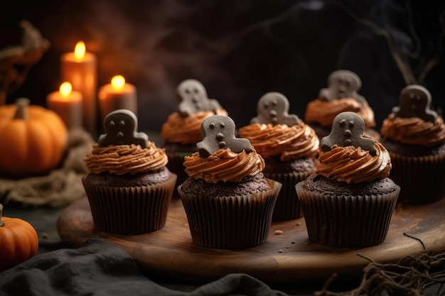 Halloweenowe babeczki z dekoracjami duchów i lukrem czekoladowym w stylu nawiedzonej atmosfery ciemnopomarańczowy i ciemnoszary Generative AI