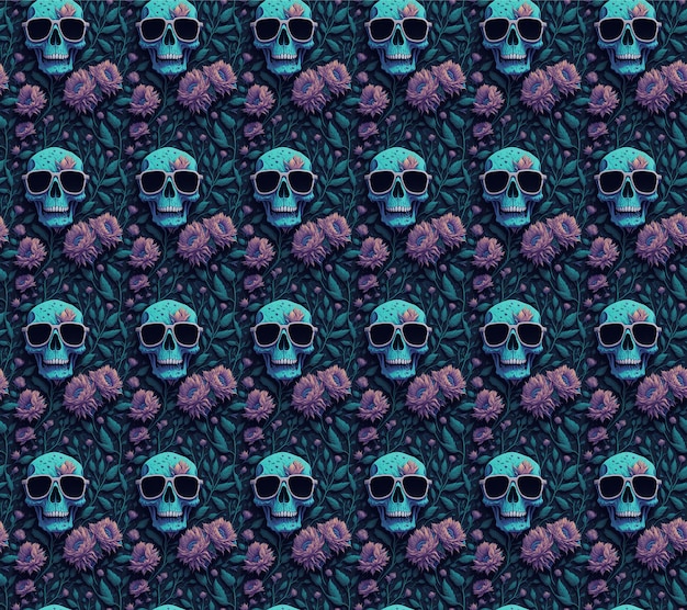 Halloweenowe bezszwowe abstrakcyjne tło ze złowrogimi uśmiechniętymi czaszkami w kolorze niebieskim i kwiatami Generacyjna AI