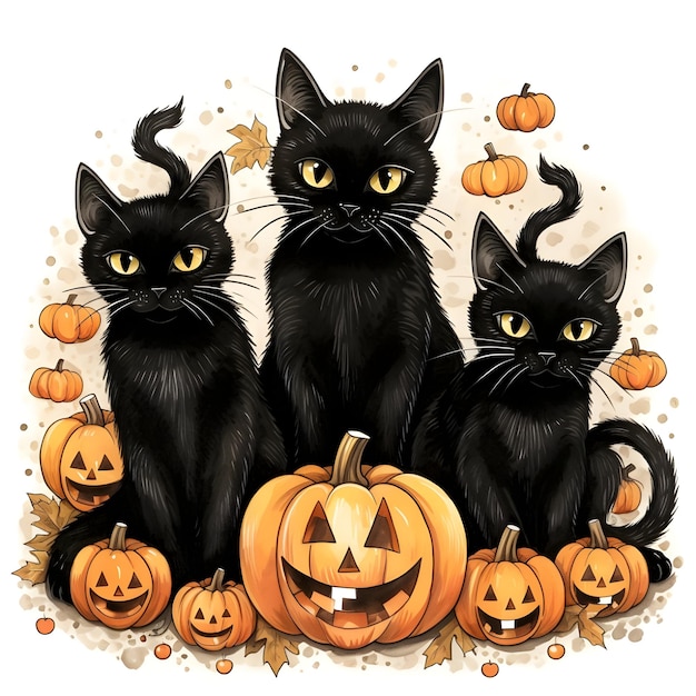 Halloweenowe czarne koty na białym tle