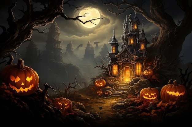 Halloweenowe dynie i ciemny zamek nawiedzony nocą w mistycznym lesie Tło Halloween Utworzono przy użyciu technologii generatywnej sztucznej inteligencji