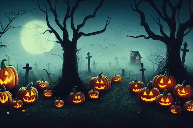 Halloweenowe dynie na cmentarzu na upiornej nocnej koncepcji tła Halloween
