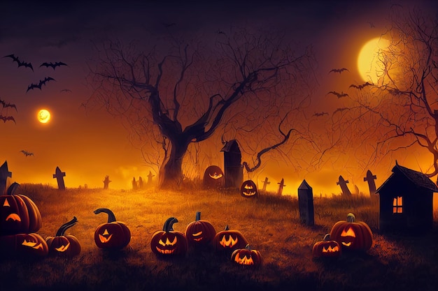 Halloweenowe dynie na cmentarzu w upiorną noc. Koncepcja tło Halloween.