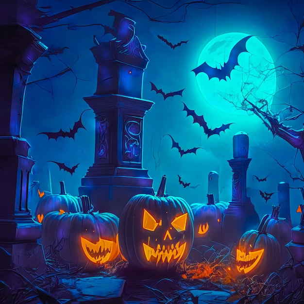 Halloweenowe dynie nietoperze i cmentarz w księżycową noc przed Halloween
