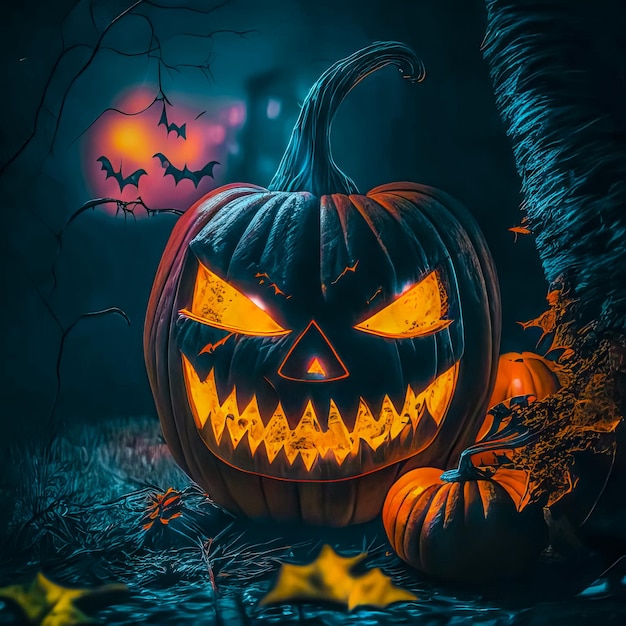 Halloweenowe dynie nietoperze i cmentarz w księżycową noc przed Halloween