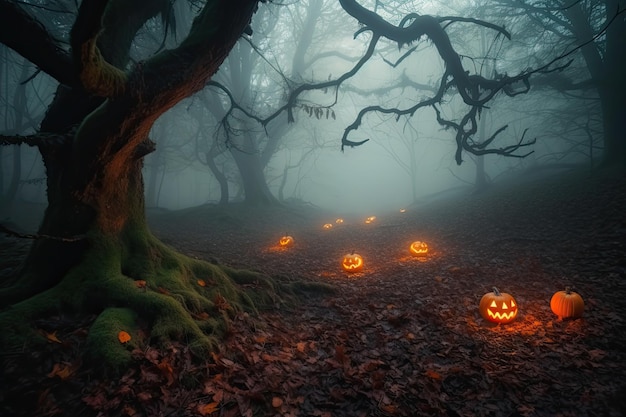 Halloweenowe dynie w lesie w nocy Generacyjna sztuczna inteligencja