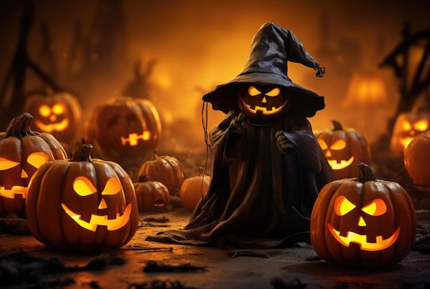 Halloweenowe dynie z latarniami w kapeluszach czarnoksiężników Spłoszone halloweenowe postacieGenerative AI