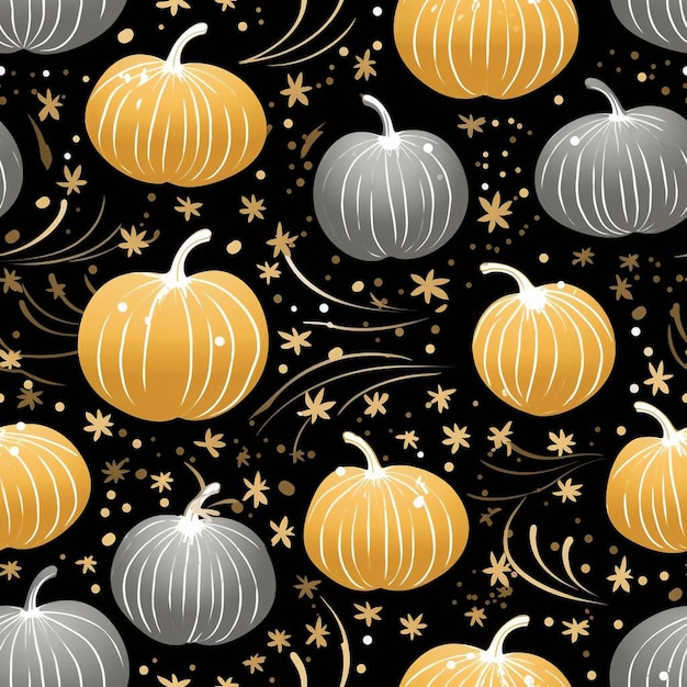 Halloweenowe dynie ze złotymi i pomarańczowymi gwiazdami oraz złotymi gwiazdami na czarnym tle.