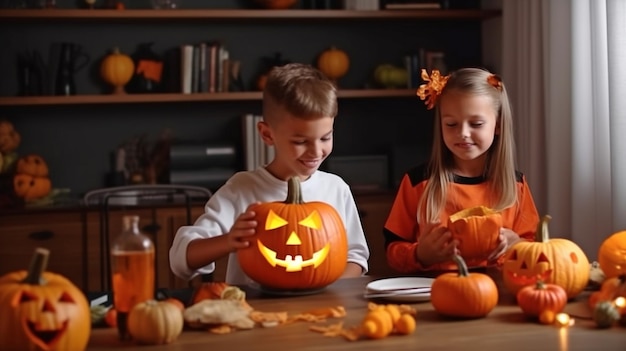 Halloweenowe dzieci przygotowujące dynię jackolantern z jedzeniem dla oszustów przy stole Generacyjna sztuczna inteligencja