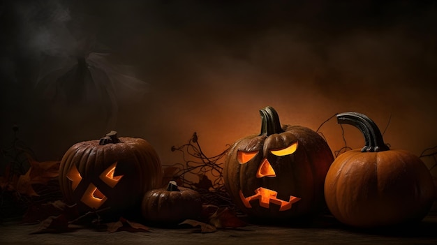 Halloweenowe nietoperze szkielet dyni i pająka w ciemnym strasznym nastroju z mgłą w dramatycznym oświetleniu