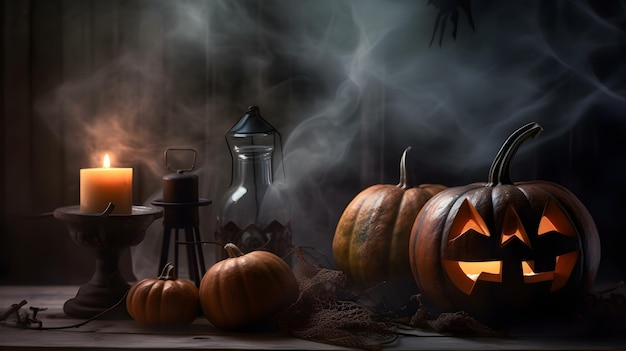 Halloweenowe nietoperze szkielet dyni i pająka w ciemnym strasznym nastroju z mgłą w dramatycznym oświetleniu