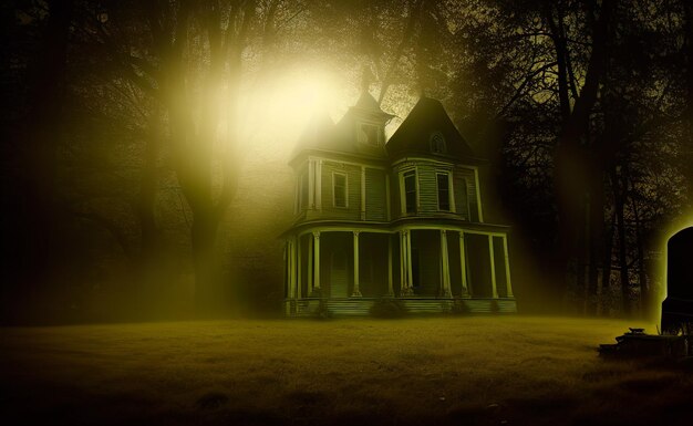 Zdjęcie halloweenowe tło, cyfrowa ilustracja wiktoriańskiego nawiedzonego domu w gęstym upiornym lesie
