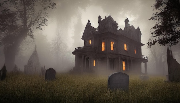 halloweenowe tło, cyfrowa ilustracja wiktoriańskiego nawiedzonego domu z blaskiem świec na wietrze