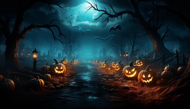 Halloweenowe tło z dyniami w ciemnym lesie renderowania 3D