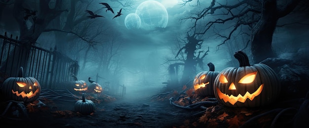 Halloweenowe tło z dyniami w ciemnym lesie renderowania 3D