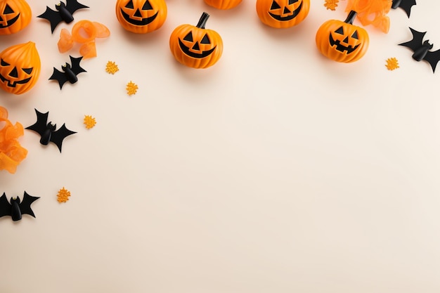 Halloweenowe tło z dyniowymi nietoperzami i pająkami na jasnym tle