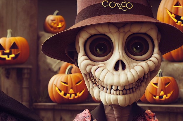 Halloweenowe tło z postacią szkieletów i dyni ilustracja 3D