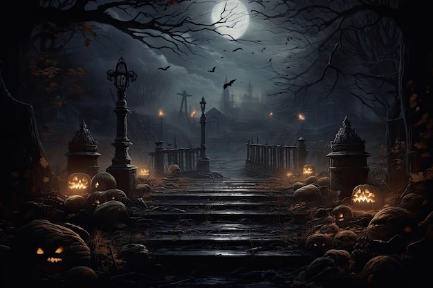 Halloweenowe tło z przerażającymi świecami z dyni na cmentarzu w nocy