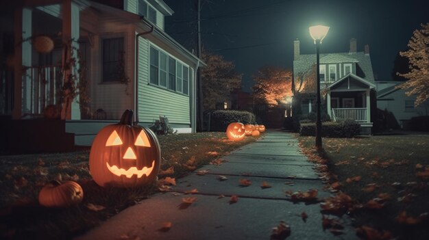 Halloweenowy chodnik z dyni w nocy